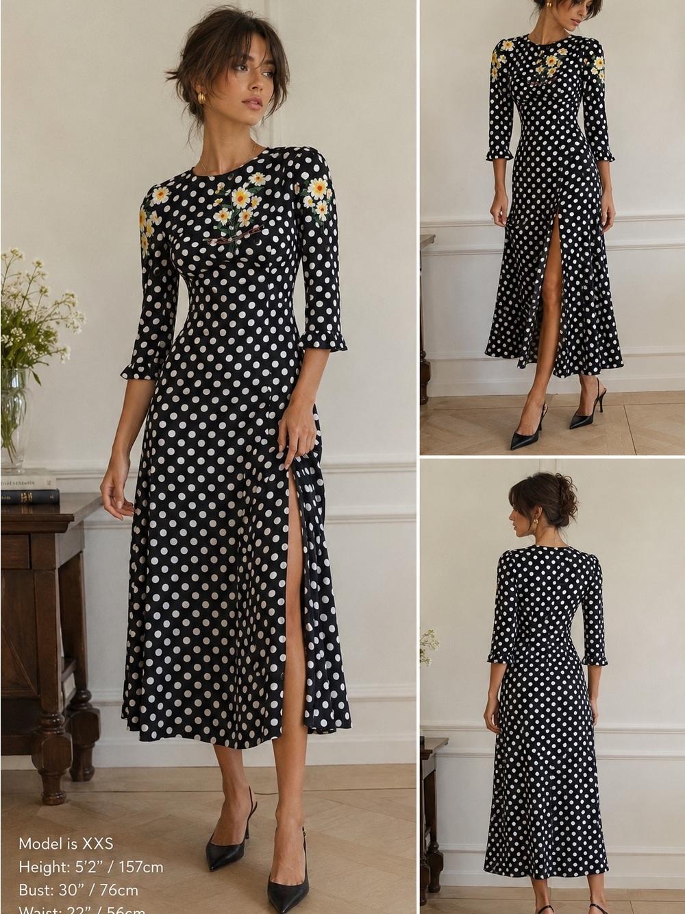 RIXO Clemmie Black & White Polka Dot Maxi Dress Floral Embroidery Size XXS